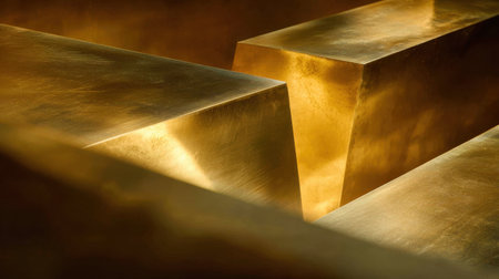 This striking image showcases gleaming gold bars arranged in a dynamic formation, reflecting soft light that enhances the texture and warmth of the scene.の素材