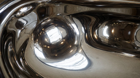 This image showcases an abstract close-up view of a polished metal surface, reflecting intricate light patterns and offering a sleek aesthetic ideal for modern design projects.の素材