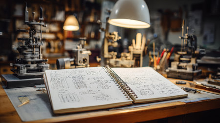 This image features an open engineering notebook filled with intricate sketches and notes, illuminated by warm workshop lighting, showcasing creativity and precision.の素材