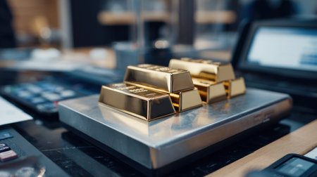 A polished setup featuring multiple gold bullion bars on a silver scale emphasizes the essence of wealth and investment in finance. The luxurious scene captures the allure of precious metals as an asset in professional environments.の素材