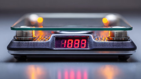 A sleek digital kitchen scale featuring a glass platform and a vivid red digital display. Ideal for precise weight measurement in cooking and baking.の素材