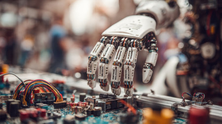 A detailed view of a robotic hand interacting with a circuit board, showcasing advanced technology at a bustling tech fair. The blurred background features crowds and equipment, emphasizing innovation and automation in modern engineering.の素材