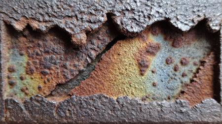 This close-up image captures a detailed view of a rusty metal surface with beautiful colors and textures, showcasing the natural process of weathering and decay.の素材