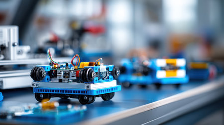 A small blue robotics kit sits prominently on a work surface filled with various electronic components and tools, showcasing innovation in technology.の素材