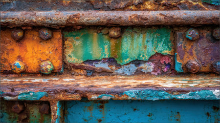 This image showcases a detailed close-up of a rusty metal surface featuring vibrant colors and intricate textures, highlighting the beauty of decay.の素材
