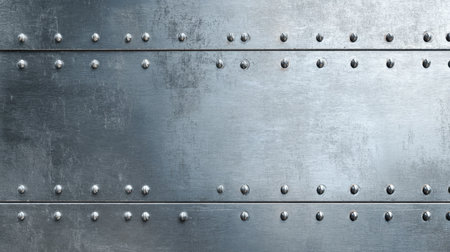 This image features a textured metallic wall with rivets, showcasing a grunge effect perfect for industrial design or modern architecture.の素材