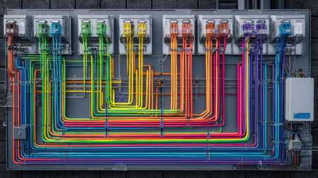 This image showcases a vibrant and complex electrical panel with colorful wires and power meters, highlighting modern wiring technology and design.の素材
