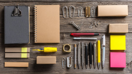 A neatly arranged overhead view of an office workspace showcasing various stationery items including notepad, pens, clips, and sticky notes on a wooden table.の素材