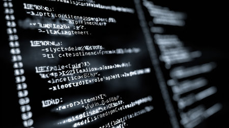 An abstract representation of computer code on a dark background, showcasing programming syntax and characters, ideal for technology and software themes.の素材