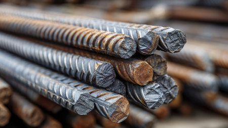 This close-up image showcases a pile of rusty steel rebars commonly used in construction. The details highlight the industrial texture and strength of the metal bars.の素材
