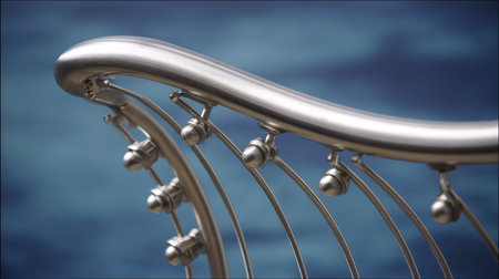 This image captures a close-up view of a modern metal handrail, showcasing its sleek design and elegant curves against a beautiful blue background.の素材