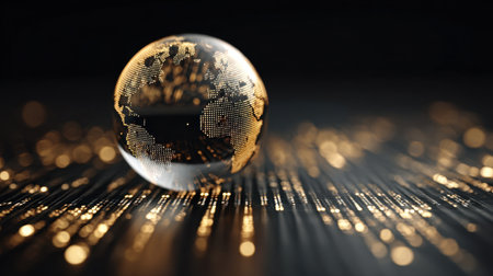 A stunning transparent globe featuring a world map design is illuminated by golden light against a dark background, creating a captivating visual atmosphere.の素材