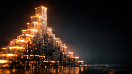 This captivating 3D illustration features a pyramid-like formation made of glowing cubes, reflecting innovative design and abstract beauty in a dark setting.の素材