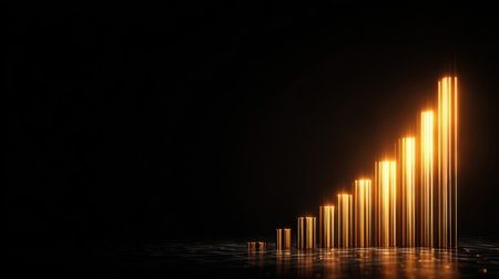 This image depicts a series of vibrant ascending bars that symbolize growth and success, enhanced by glowing light effects against a dark backdrop.の素材