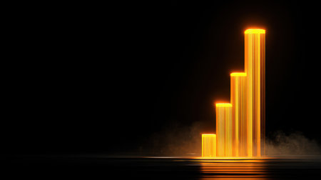 A stunning image of a glowing bar graph in bright yellow against a deep black background, symbolizing growth and success in business performance metrics.の素材