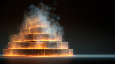 This captivating image features a glowing pyramid structure surrounded by ethereal smoke, creating a mystical atmosphere. The combination of light and shadow enhances the abstract design, making it perfect for creative projects.の素材