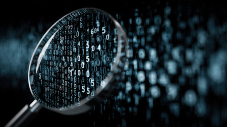 A detailed image showing a magnifying glass focused on digitized binary code, highlighting themes of data analysis, digital investigation, and technological exploration in the modern digital landscape.の素材
