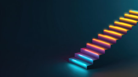 A stunning depiction of neon stairs illuminated in vibrant colors against a dark backdrop, perfect for themes of inspiration, creativity, and modern design.の素材