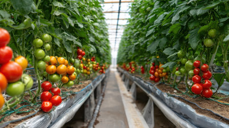 A vibrant greenhouse filled with rows of tomato plants in various ripening stages showcases the beauty of indoor agriculture and sustainable farming practices.の素材