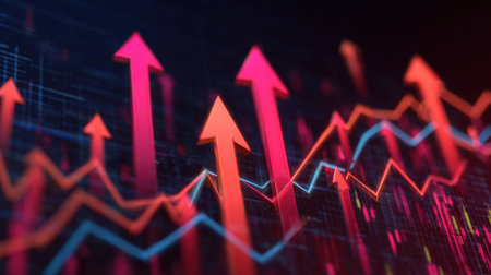 This vibrant digital illustration features upward arrows and dynamic lines, symbolizing growth and progress in financial markets. Ideal for presentations and reports.の素材