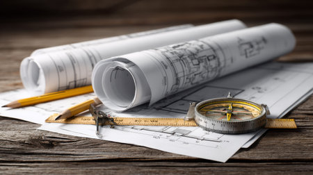 A well-organized workspace featuring rolled blueprints, a compass, a ruler, and a pencil on a rustic wooden table, ideal for design projects.の素材