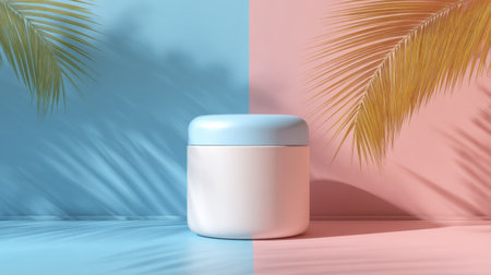 A modern cosmetic container displayed on a colorful background featuring soft blue and pink tones, enhanced by the captivating shadows of palm leaves. Perfect for beauty and skincare branding.の素材