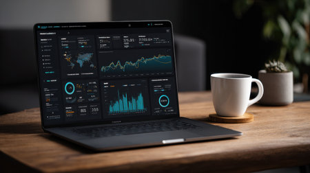 A modern laptop displaying insightful data analytics sits on a wooden table alongside a steaming cup of coffee, creating a cozy and productive workspace atmosphere.の素材