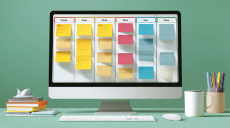 A modern workspace featuring an organization board with colorful sticky notes on a computer screen, illustrating effective project management and task tracking strategies.の素材