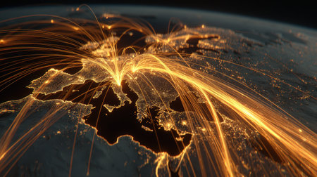 This captivating aerial view of Europe showcases dynamic light trails, representing connections and data flow between major cities.の素材