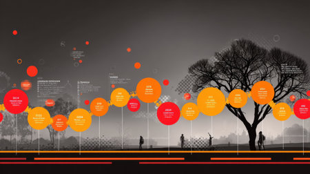 A dynamic timeline graphic showcasing circular elements in black and orange. The design features a silhouette of a tree and people engaging in outdoor activities.の素材