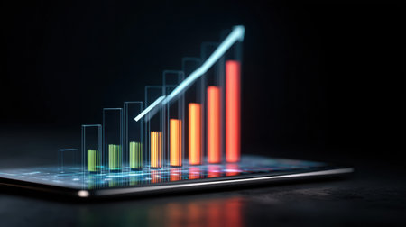 This image showcases a vibrant bar graph representing growth and progress on a sleek digital tablet screen, ideal for business and financial presentations.の素材