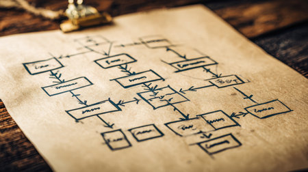 This image showcases a detailed hand-drawn flowchart on aged paper, placed on a rustic wooden desk. The intricate layout represents a strategic planning process, ideal for business or organizational presentations.の素材