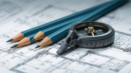 A close-up view of architectural drafting tools including a compass and pencils resting on a detailed blueprint background, ideal for design and planning contexts.の素材
