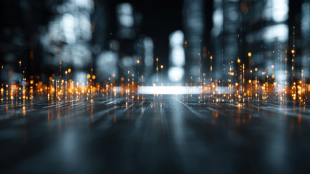 A mesmerizing abstract background featuring glowing particles and a bokeh effect in a dark urban environment, perfect for conveying a sense of futuristic technology.の素材