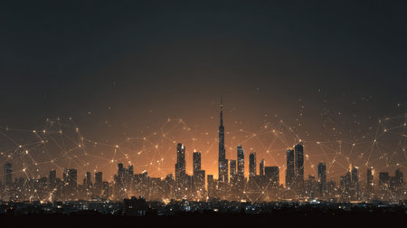 A captivating view of a modern urban skyline at night, illuminated by city lights with an overlay of futuristic network connectivity, symbolizing technological advancements.の素材