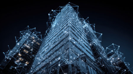 A striking view of a modern city skyline featuring a tall building with a digital network overlay, glowing connections, and a futuristic aesthetic at night.の素材