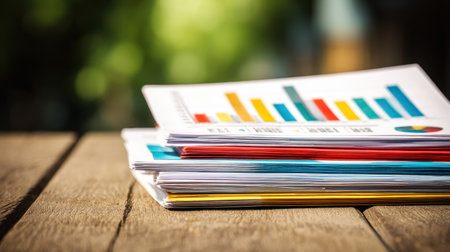 A collection of stacked reports featuring vibrant bar charts, resting on a wooden surface. The image captures a bright outdoor setting, ideal for business insights.の素材
