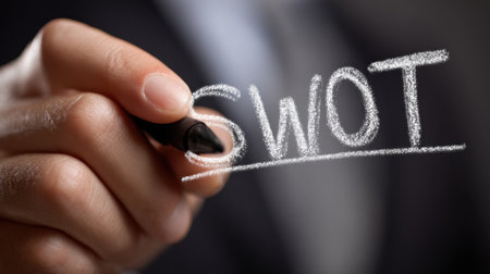 A close-up image of a hand using a marker to write "SWOT" on a transparent board, illustrating a business strategy analysis process in a professional setting.の素材