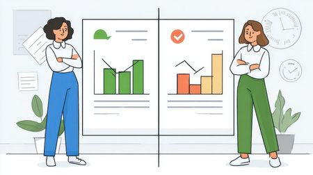 Two women stand confidently in a modern office, presenting growth charts and business data that highlight success and teamwork. The setting features elements of professionalism and creativity.の素材