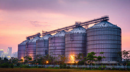 A picturesque view of modern industrial silos at dusk, showcasing metallic structures against a vibrant sunset sky and a city skyline.の素材