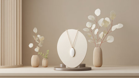 A serene and elegant jewelry display featuring a soft-toned necklace on a minimalist stand surrounded by decorative vases and delicate foliage.の素材