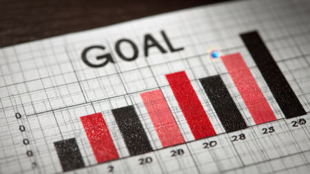 A close-up of a chart illustrating progress towards a specific goal, featuring vivid red and black bars on a graph paper background, symbolizing achievement.の素材