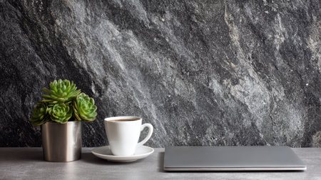 A cozy setup featuring a cup of coffee on a saucer beside a succulent plant and a modern laptop against a textured stone background, perfect for work or relaxation.の素材