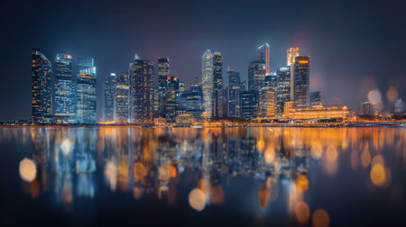 Experience a breathtaking view of a modern city skyline at night, featuring stunning reflections in water and vibrant lights illuminating the urban landscape.の素材