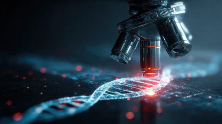 This image captures a close-up view of a microscope examining a DNA strand, spotlighting advancements in genetic research and biotechnology.の素材