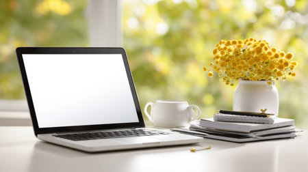 A serene workspace featuring a laptop, a white mug, and a vibrant bouquet of yellow flowers. The scene is illuminated by soft natural light, creating a fresh and inviting atmosphere perfect for productivity and creativity.の素材