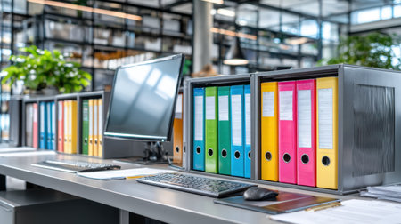 This vibrant office workspace features colorful binders, a computer screen, and green plants, showcasing an organized and modern environment ideal for productivity.の素材