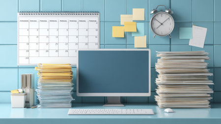 A well-organized modern office workspace features a computer monitor, stacks of paperwork, a wall calendar, a clock, and cheerful sticky notes, set against a blue backdrop.の素材