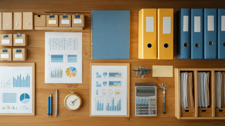 A well-organized workspace featuring essential office supplies, charts, and documents, perfect for enhancing productivity and professional environment.の素材