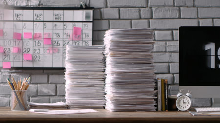 A well-organized office workspace featuring tall stacks of paper next to a calendar and a computer displaying the time, perfect for productivity.の素材